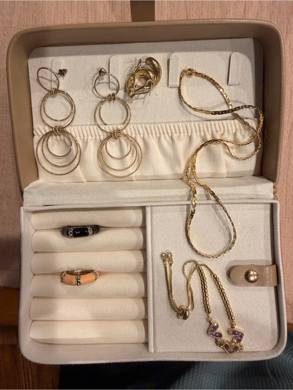 Gold Tone Jewelry Set - Earrings, Necklace, Rings and Travel Case